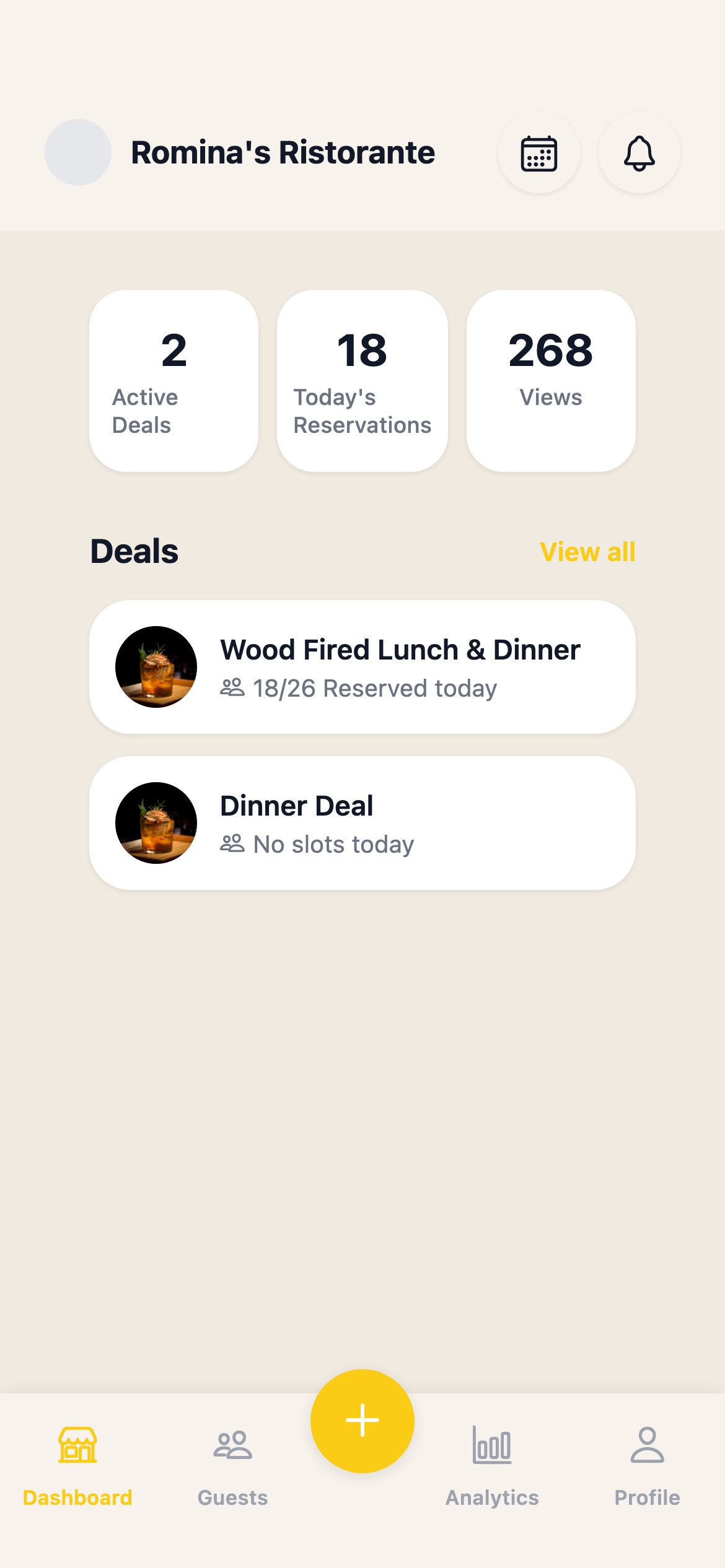 On & Off Business dashboard with today's reservations
