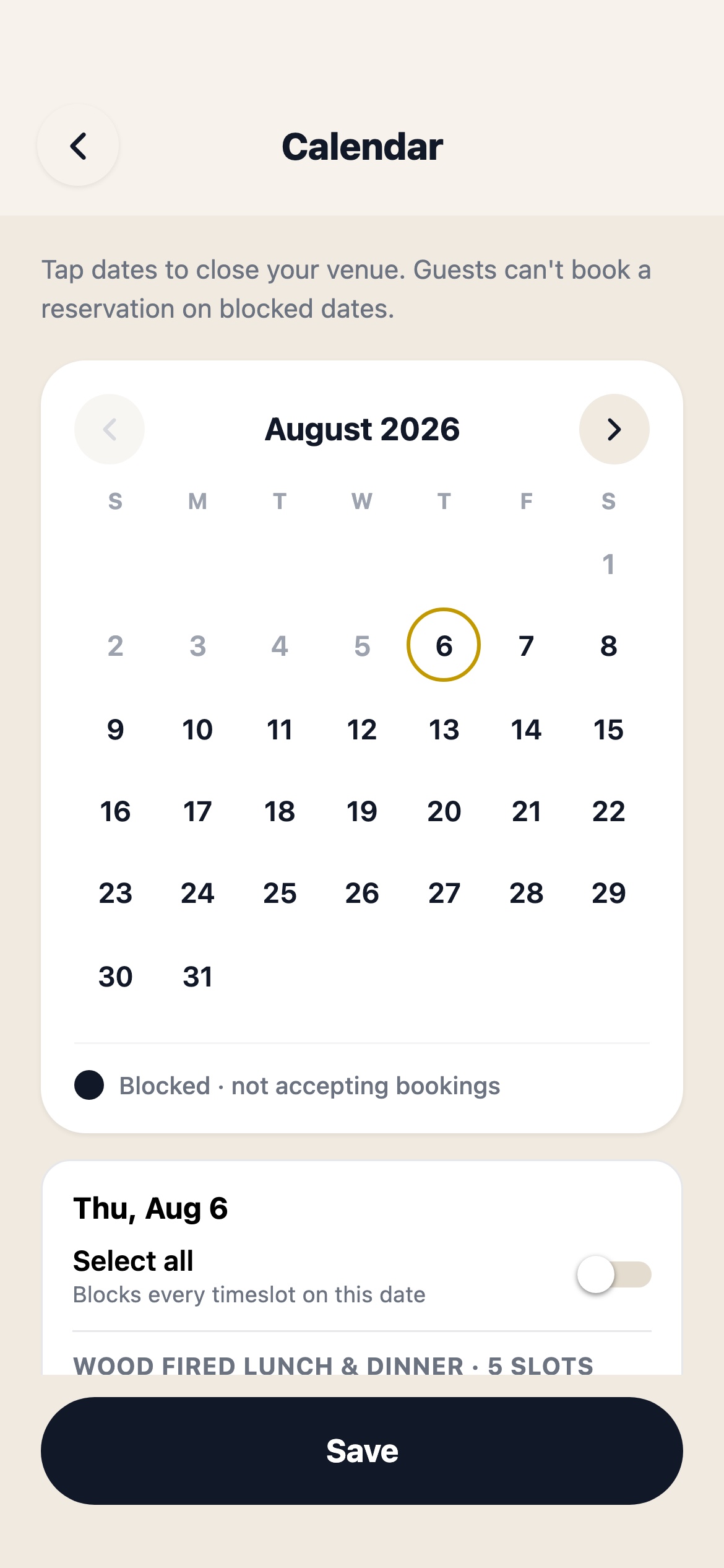 Availability calendar: block dates and sold-out slots